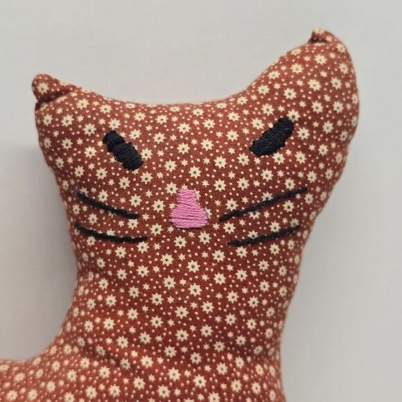 Handmade Plush Stuffed Brown Fabric Sly Cat 10" Folk Art Country Decor - Picture 2 of 8